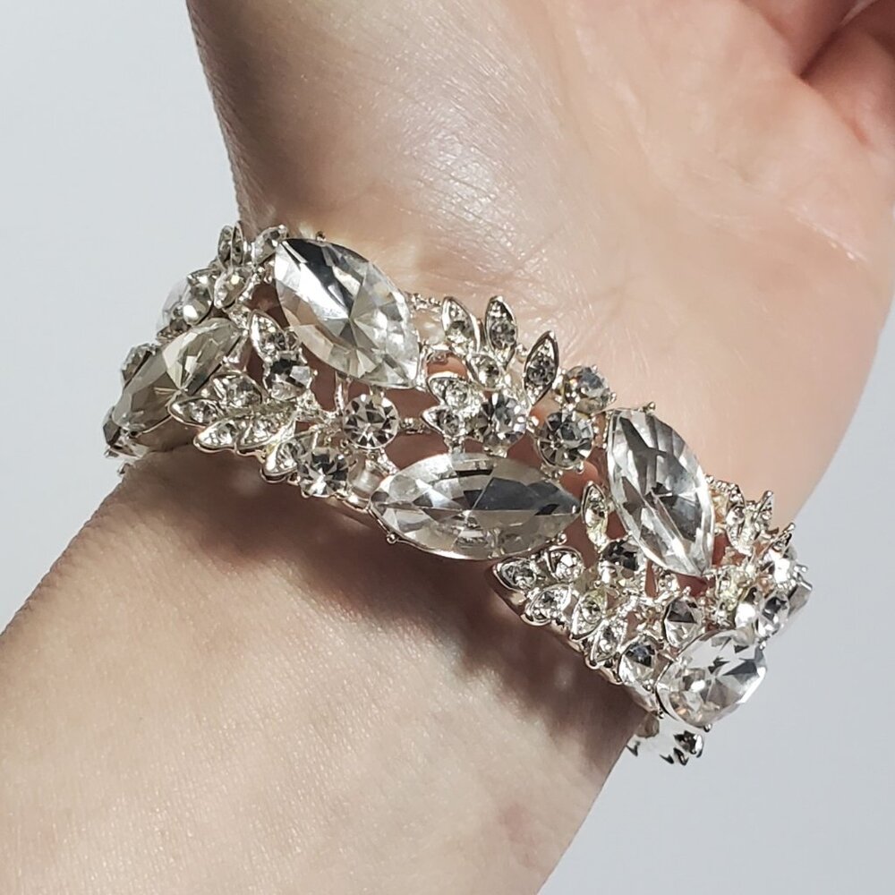 Crystal Rhinestone Stretchy Cuff Bracelet - Bridal/Prom/Any Occasion - Picture 7 of 11